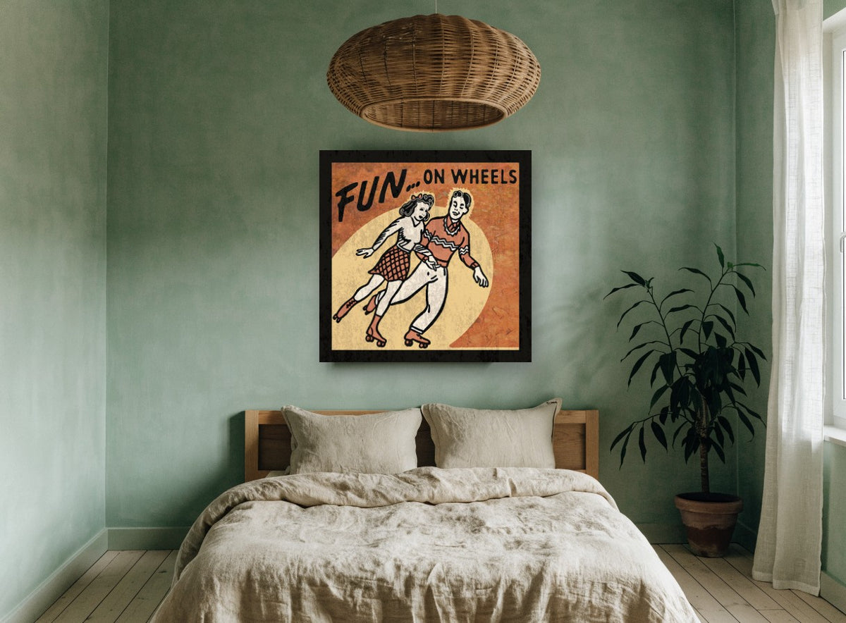 Fun On Wheels vintage canvas print on the wall of a bedroom