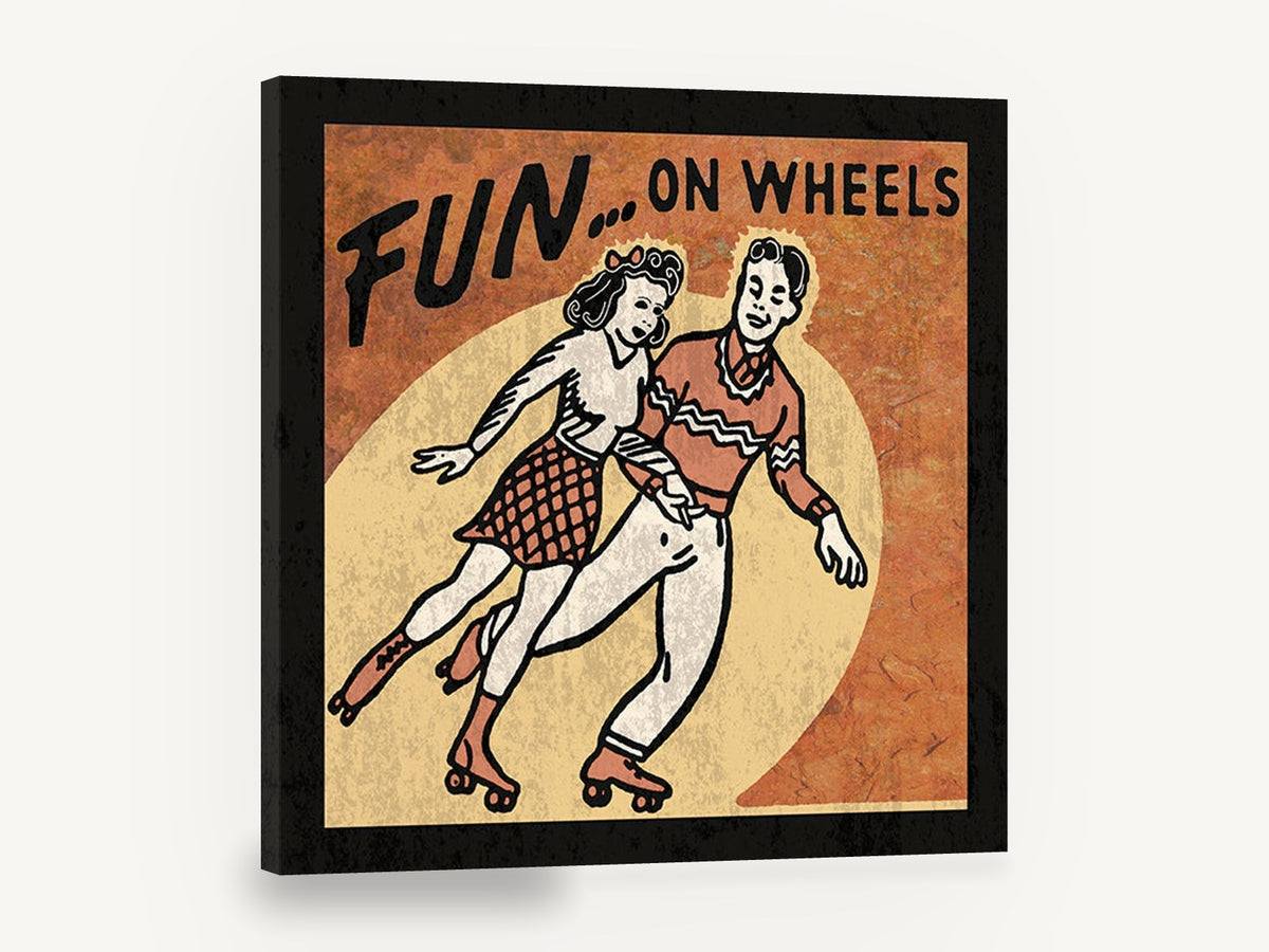 Fun On Wheels, retro roller skating couple poster, stretched canvas wall art print ready to hang