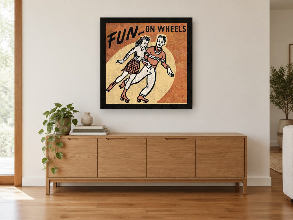 Fun On Wheels vintage canvas print on the wall of a living room above a sideboard