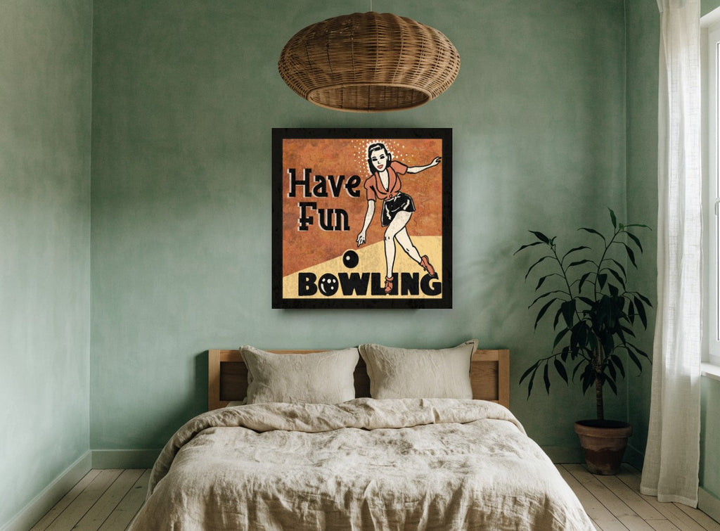Have Fun Bowling vintage canvas print on the wall of a bedroom