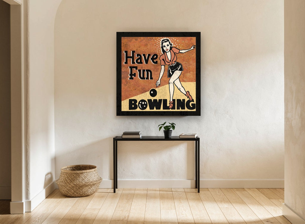 Have Fun Bowling vintage canvas print on the wall of a hallway