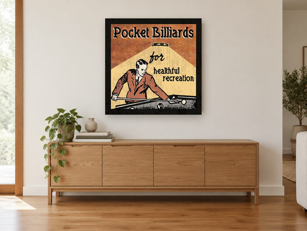 Healthful Recreation Pool vintage canvas print on the wall of a living room above a sideboard