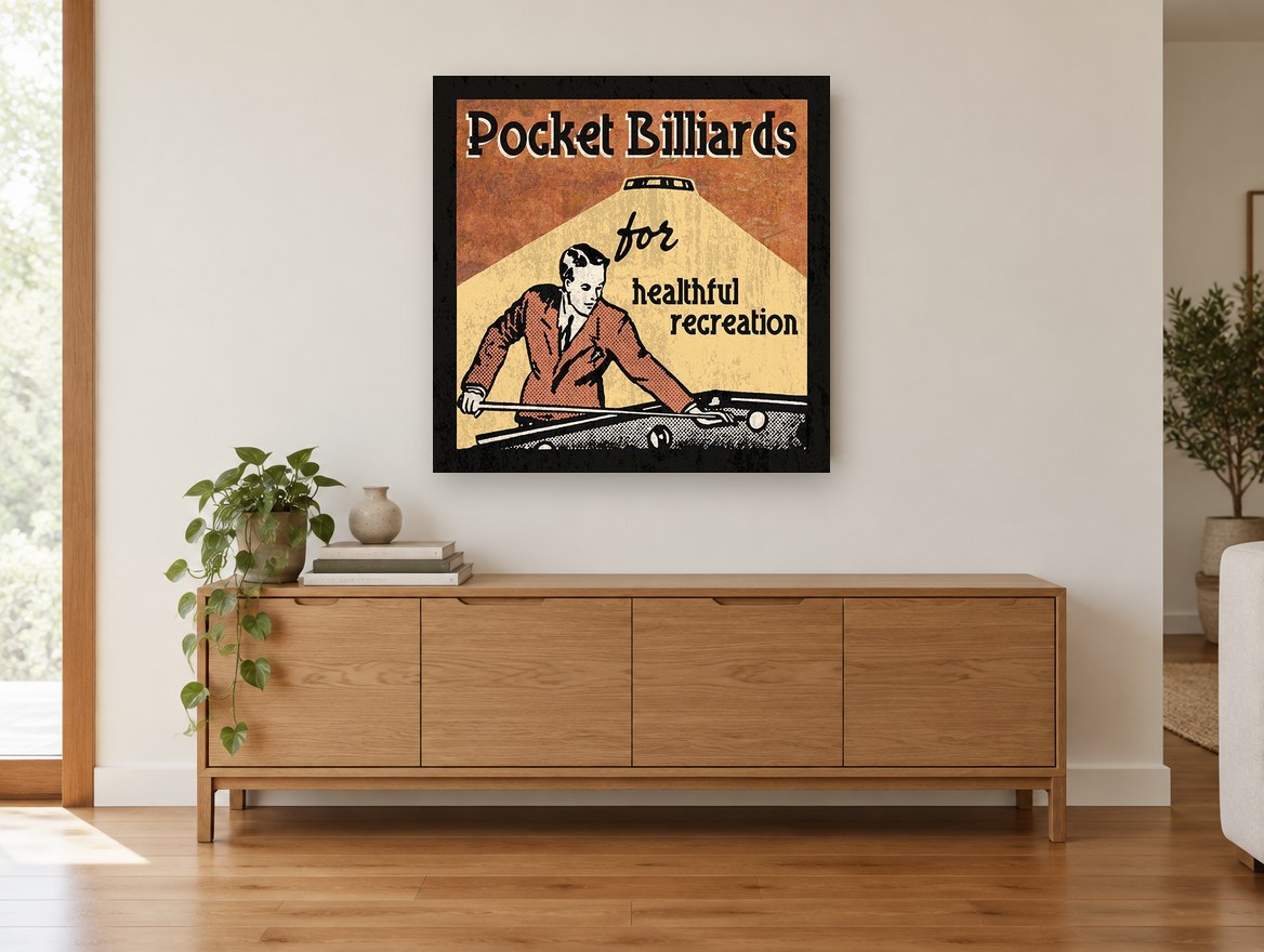 Healthful Recreation Pool vintage canvas print on the wall of a living room above a sideboard