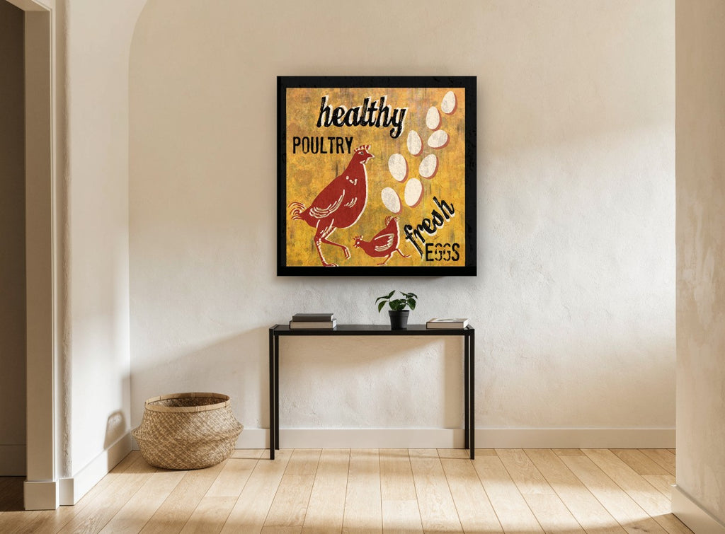 Healthy Poultry Fresh Eggs vintage canvas print on the wall of a hallway