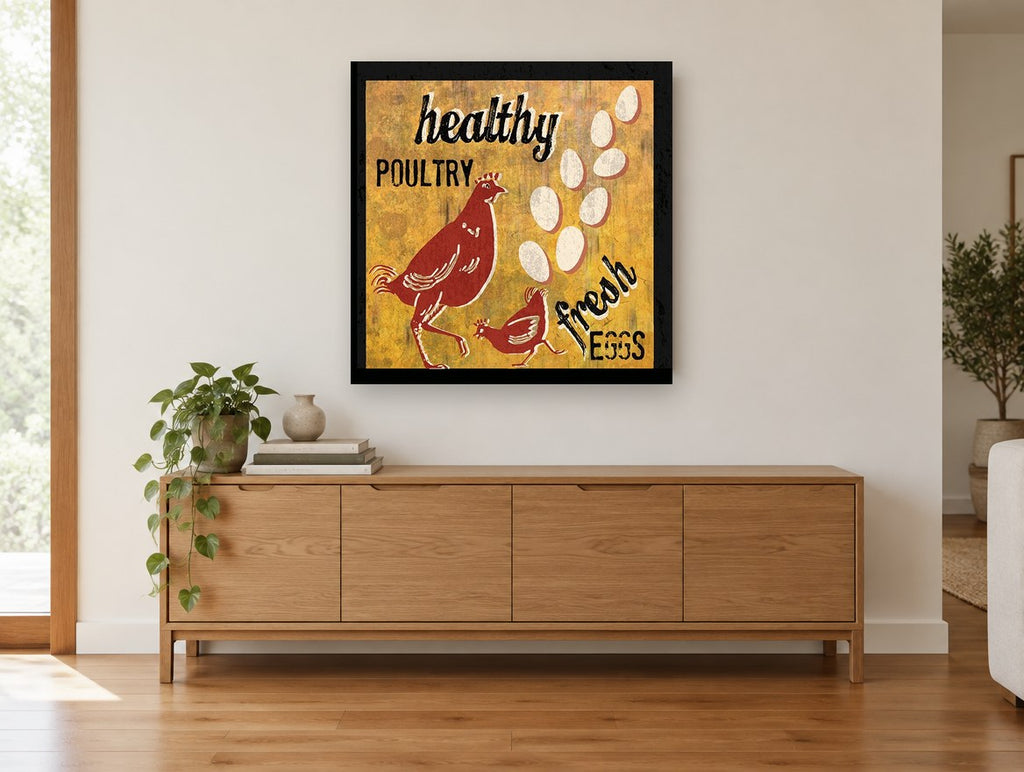 Healthy Poultry Fresh Eggs vintage canvas print on the wall of a living room above a sideboard