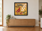 Healthy Poultry Fresh Eggs vintage canvas print on the wall of a living room above a sideboard