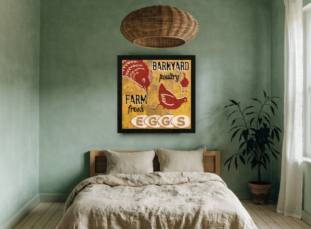 Farm Fresh Eggs vintage canvas print on the wall of a bedroom