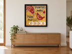 Farm Fresh Eggs vintage canvas print on the wall of a living room above a sideboard
