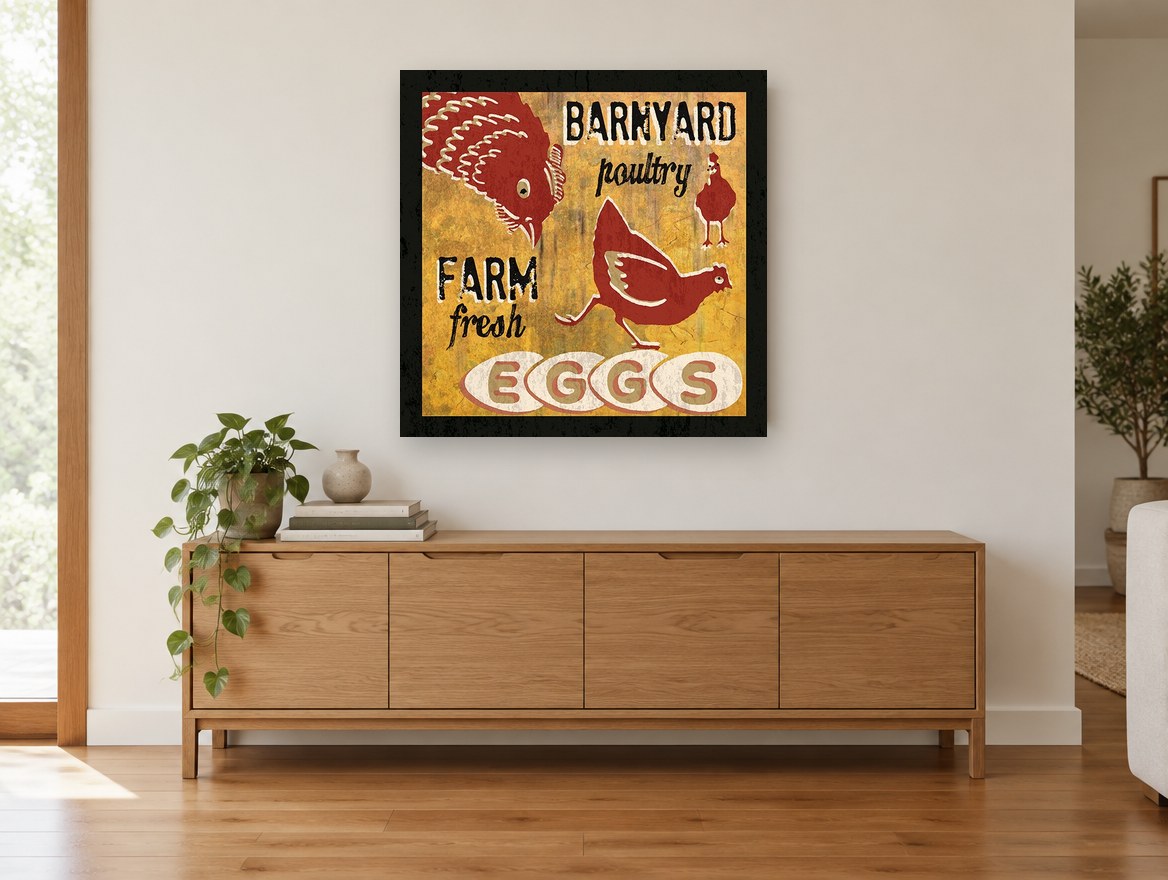Farm Fresh Eggs vintage canvas print on the wall of a living room above a sideboard