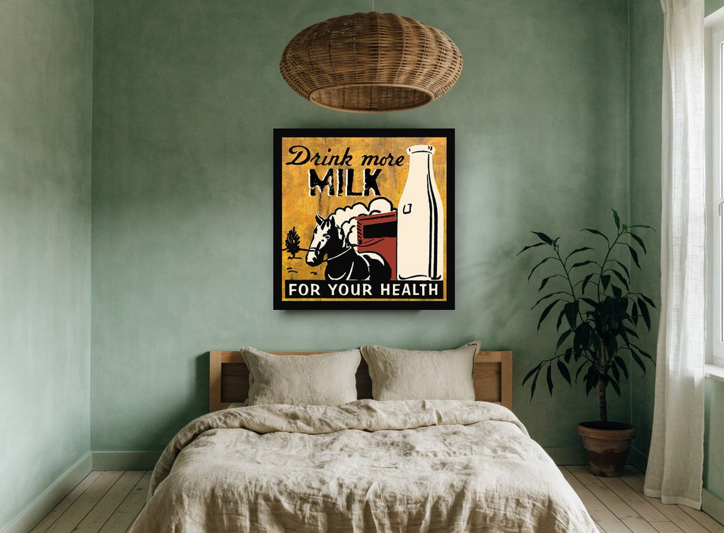 Drink More Milk vintage canvas print on the wall of a bedroom
