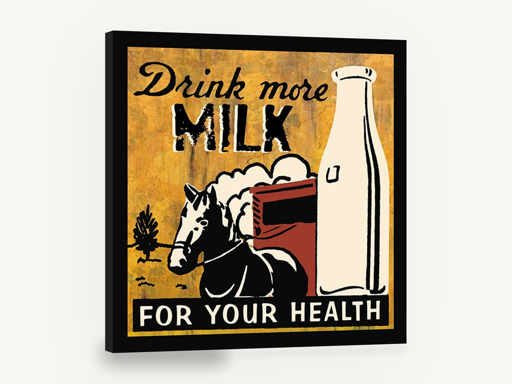 Drink More Milk, vintage milk bottle horse advertising sign, stretched canvas wall art print ready to hang