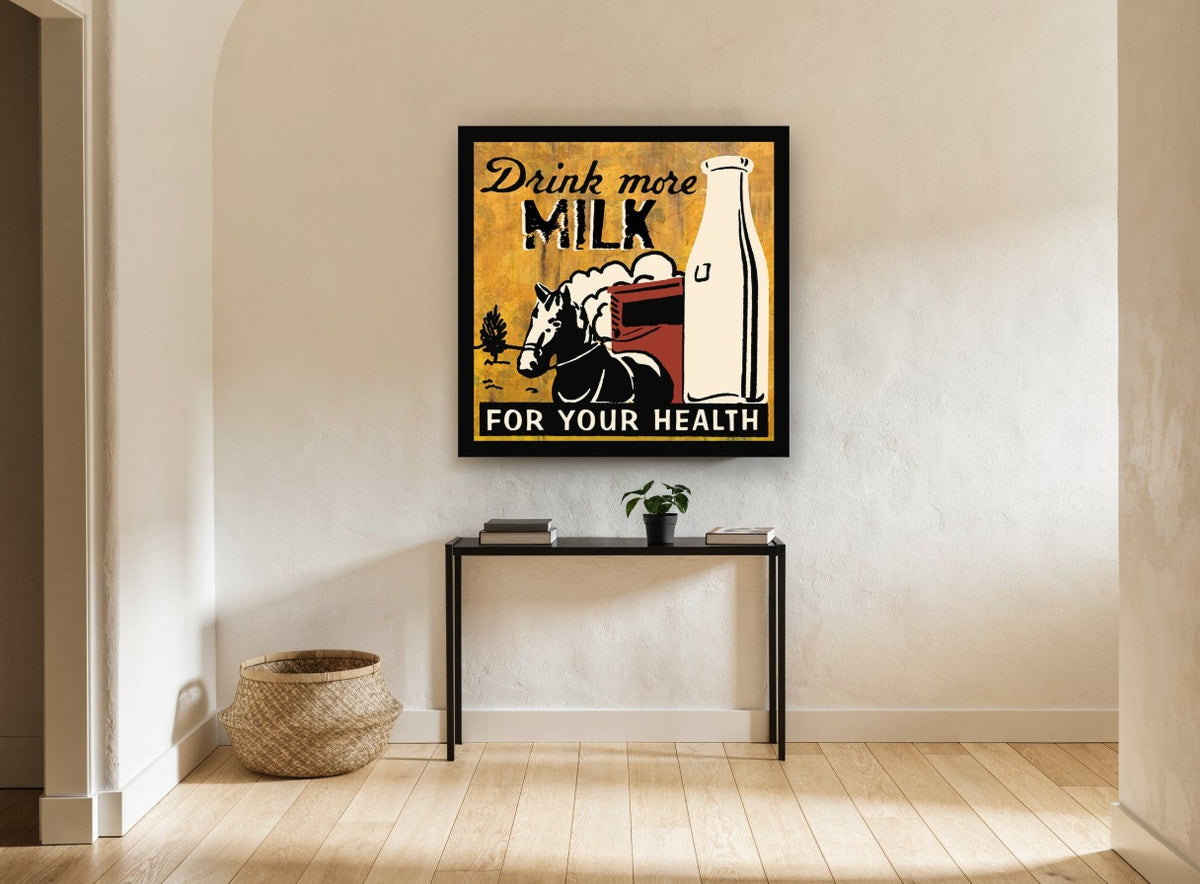 Drink More Milk vintage canvas print on the wall of a hallway