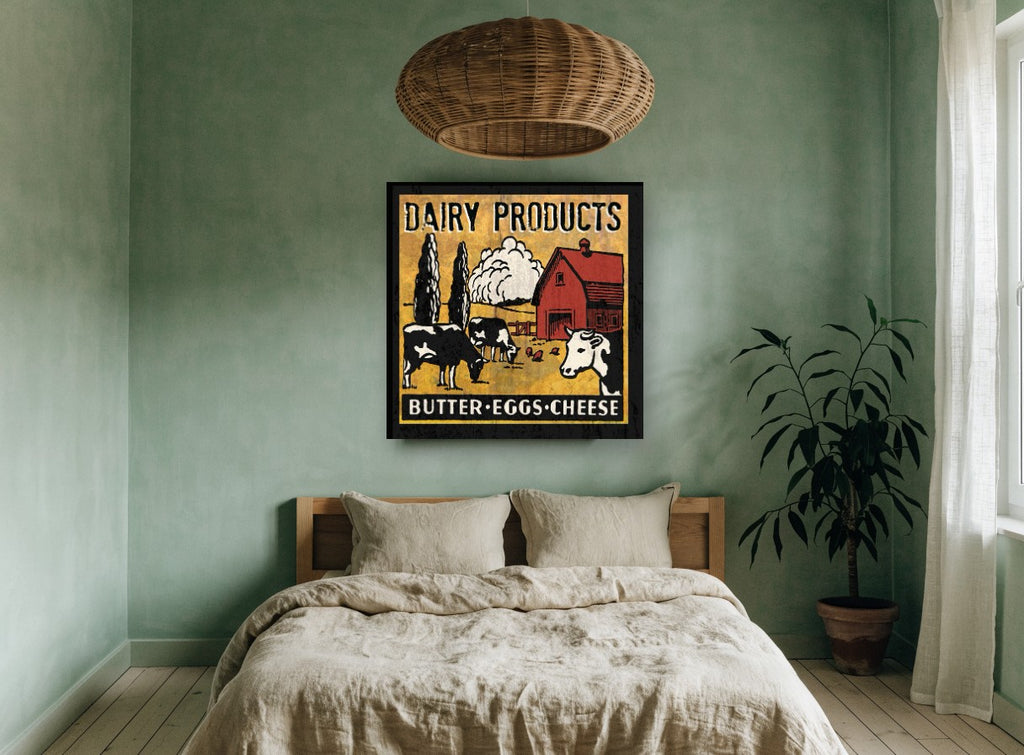 Dairy Farm Sign vintage canvas print on the wall of a bedroom
