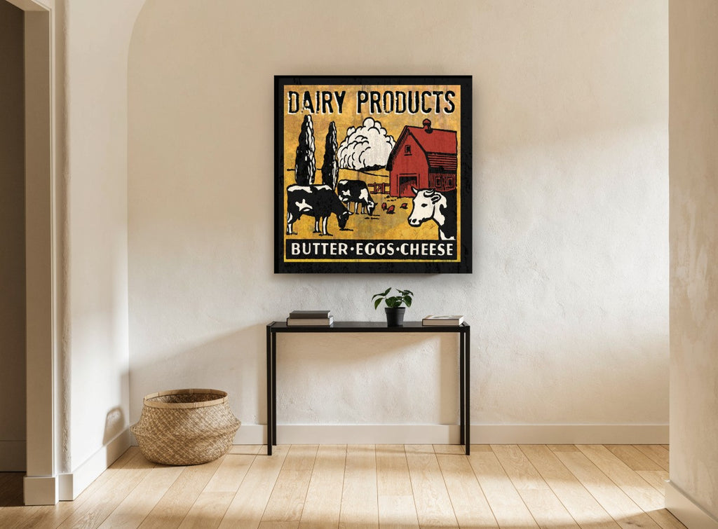Dairy Farm Sign vintage canvas print on the wall of a hallway