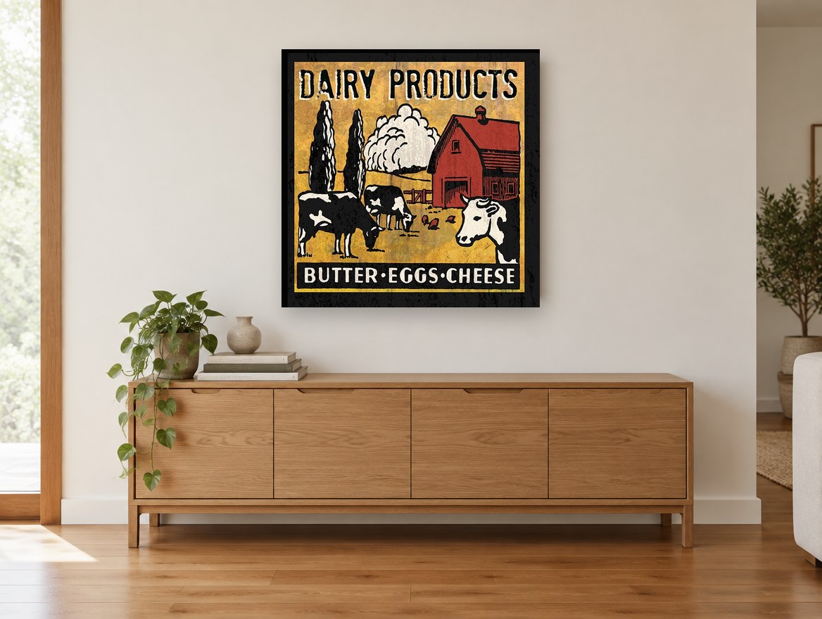 Dairy Farm Sign vintage canvas print on the wall of a living room above a sideboard