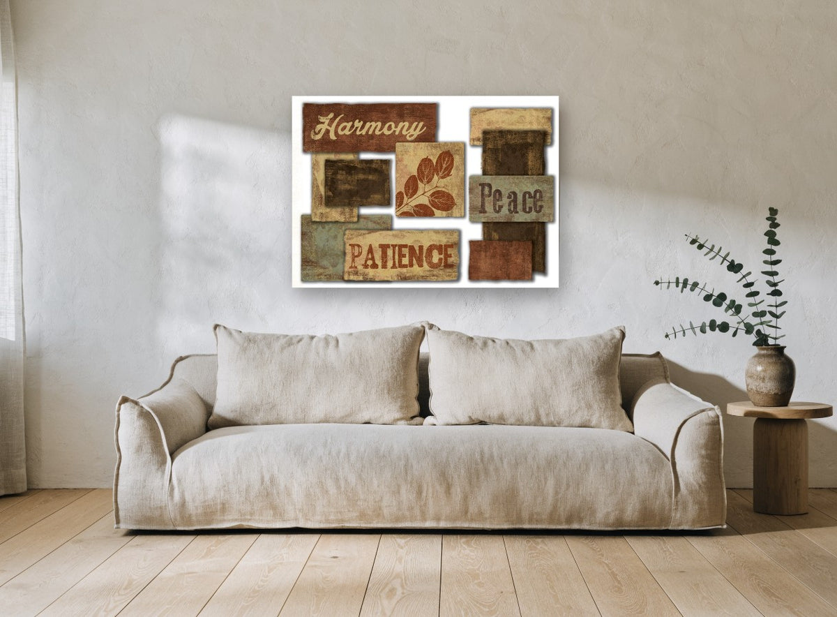 Harmony Peace Patience floral canvas print on the wall of a living room