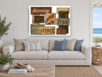 Harmony Peace Patience floral canvas print on the wall of a beach house living room