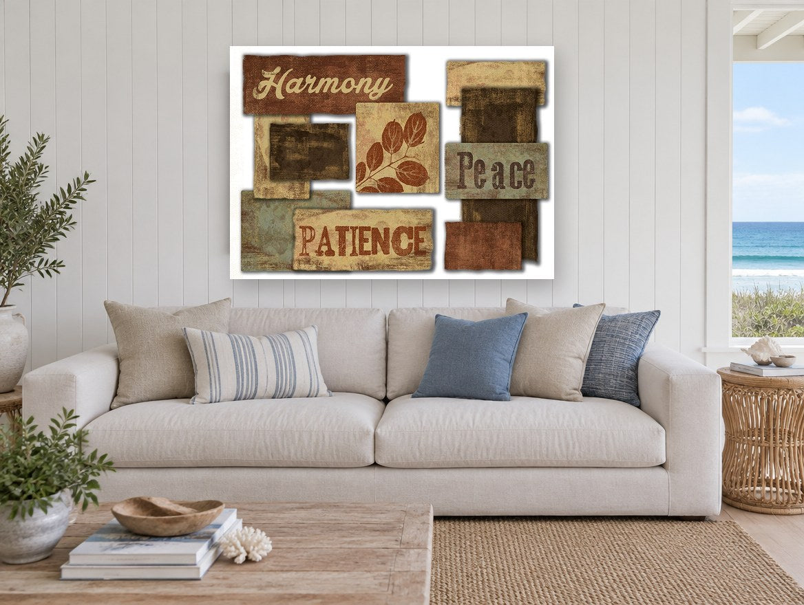 Harmony Peace Patience floral canvas print on the wall of a beach house living room