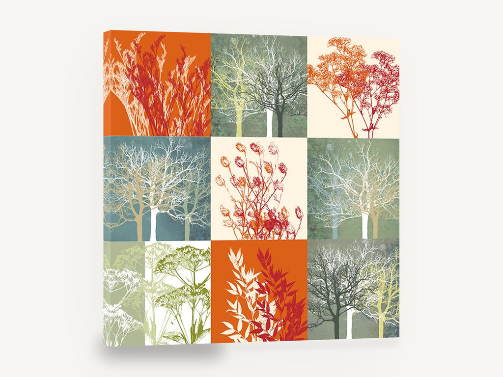 Autumn Grid Silhouettes, botanical and tree silhouette grid collage, floral canvas wall art print ready to hang