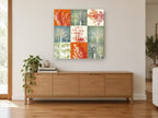 Autumn Grid Silhouettes floral canvas print on the wall of a living room above a sideboard