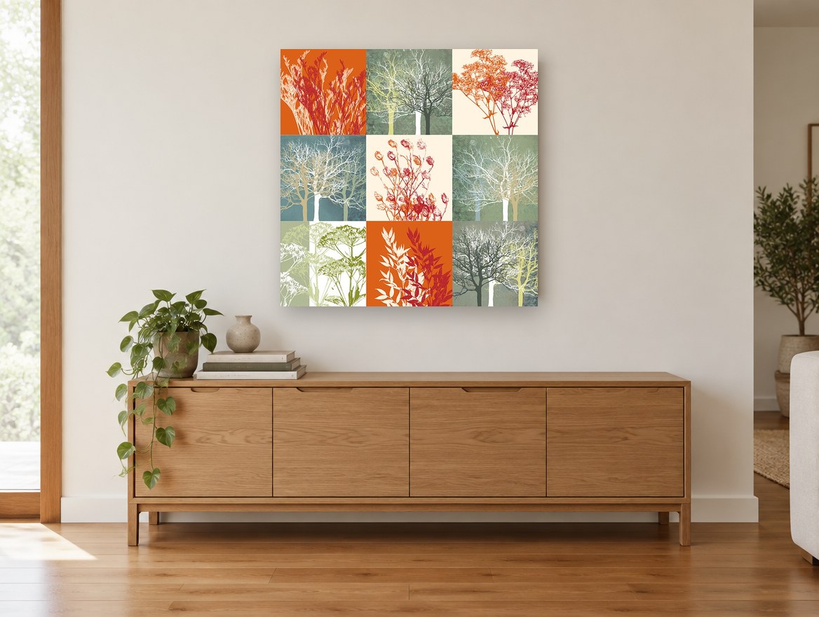 Autumn Grid Silhouettes floral canvas print on the wall of a living room above a sideboard