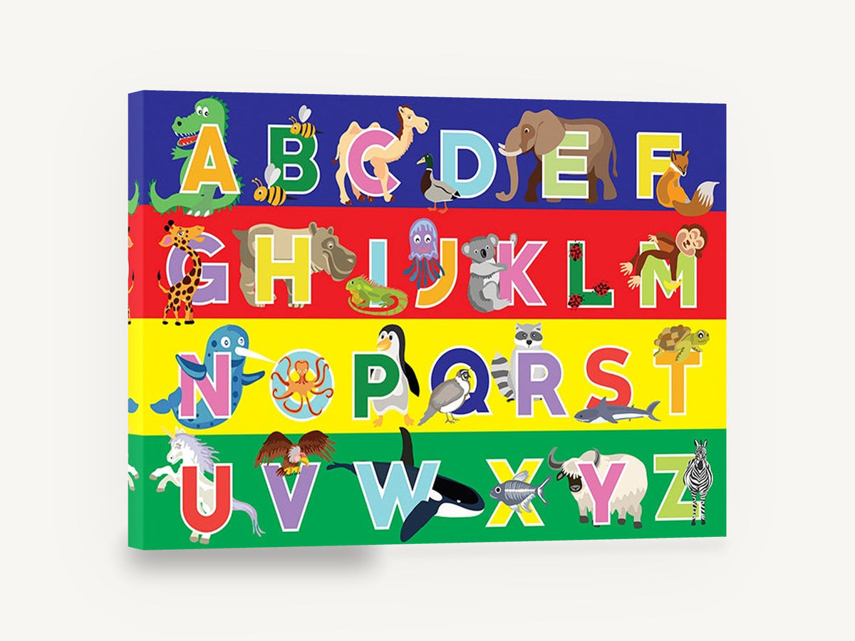 Animal Alphabet Rows, kids animal alphabet illustration, animal canvas wall art print ready to hang