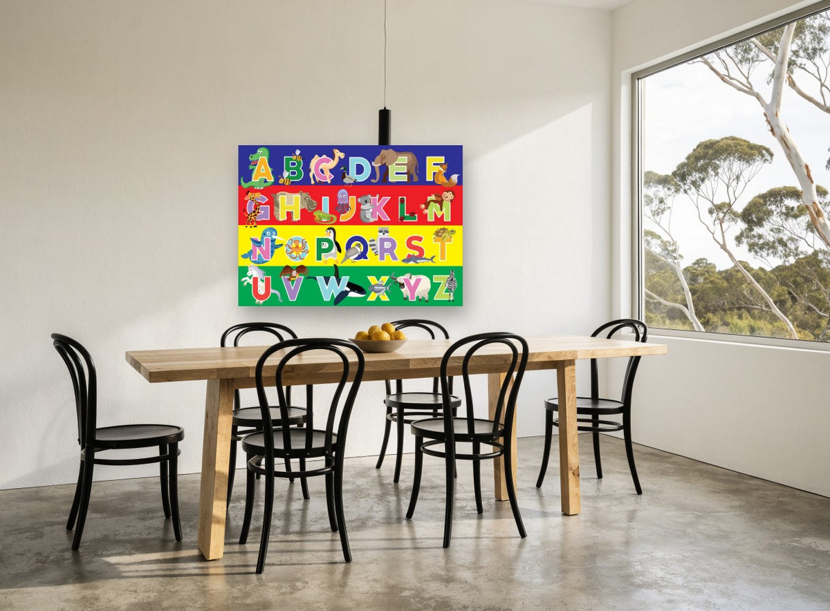 Animal Alphabet Rows animal canvas print on the wall of a dining room