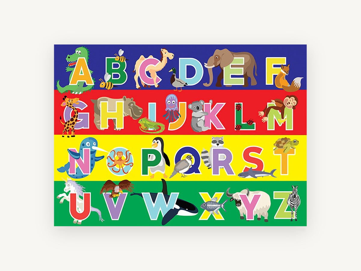 Animal Alphabet Rows, kids animal alphabet illustration, animal canvas wall art print, front view