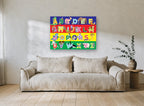 Animal Alphabet Rows animal canvas print on the wall of a living room