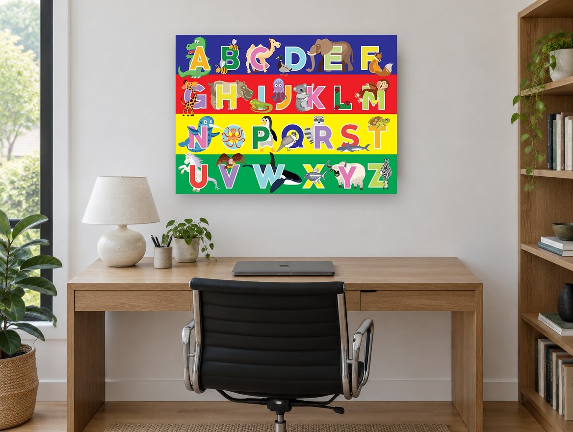 Animal Alphabet Rows animal canvas print on the wall of a study