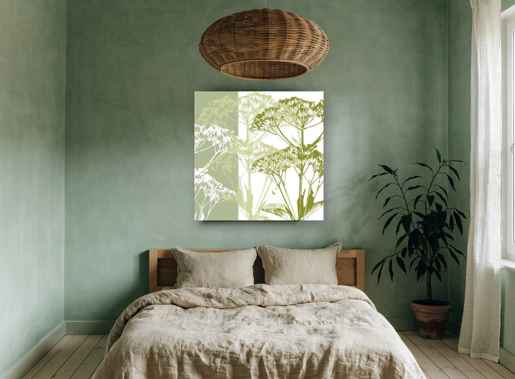 Green Umbel Silhouettes floral canvas print on the wall of a bedroom