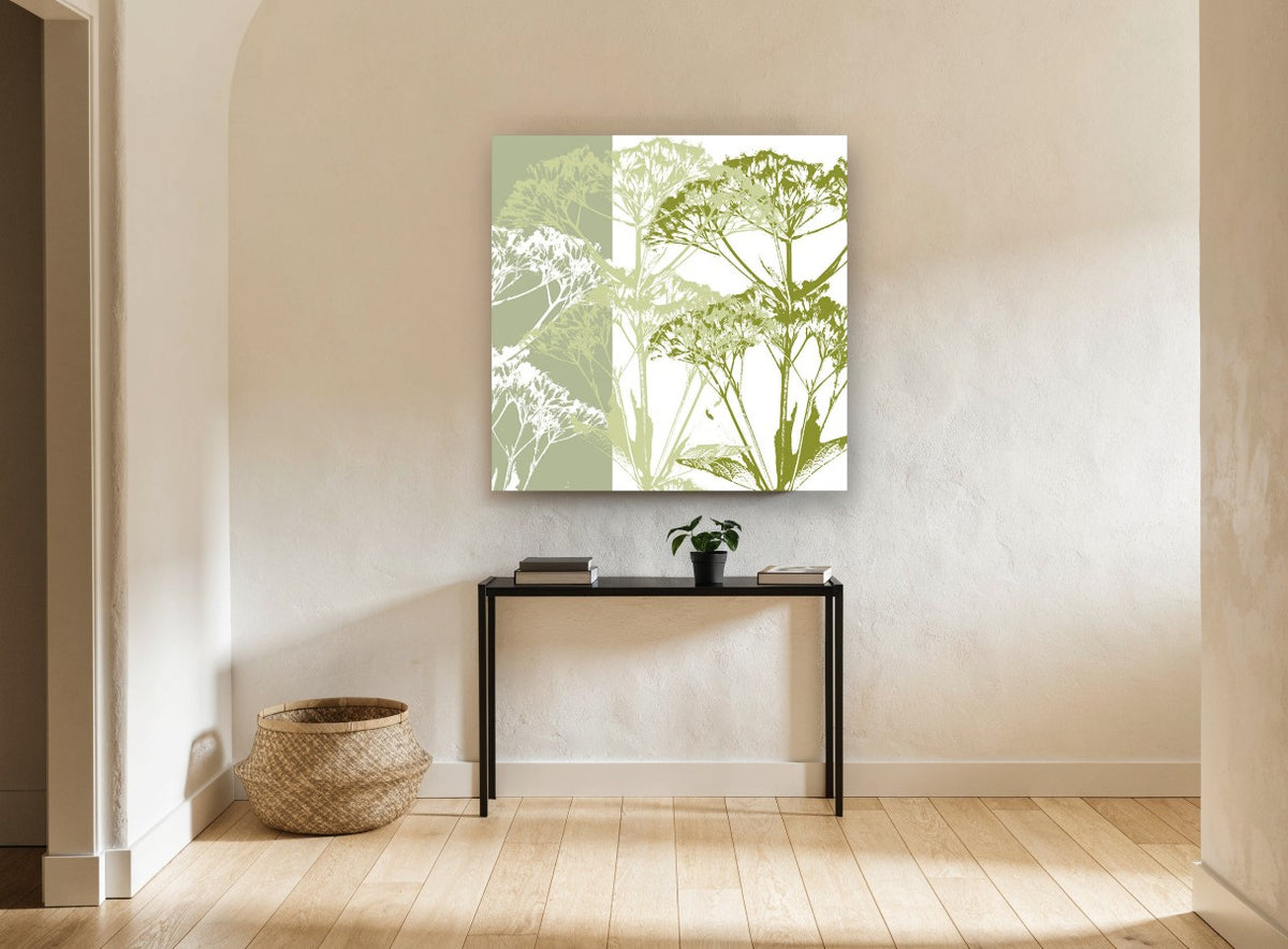 Green Umbel Silhouettes floral canvas print on the wall of a hallway