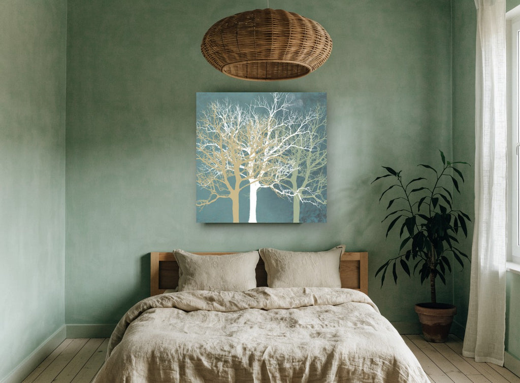 Three Winter Silhouettes landscape canvas print on the wall of a bedroom