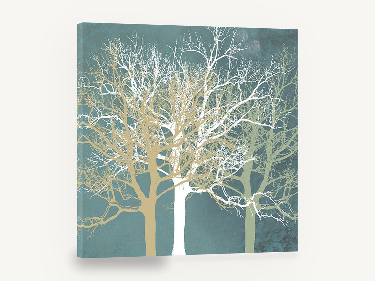 Three Winter Silhouettes, bare tree silhouettes on teal, landscape canvas wall art print ready to hang