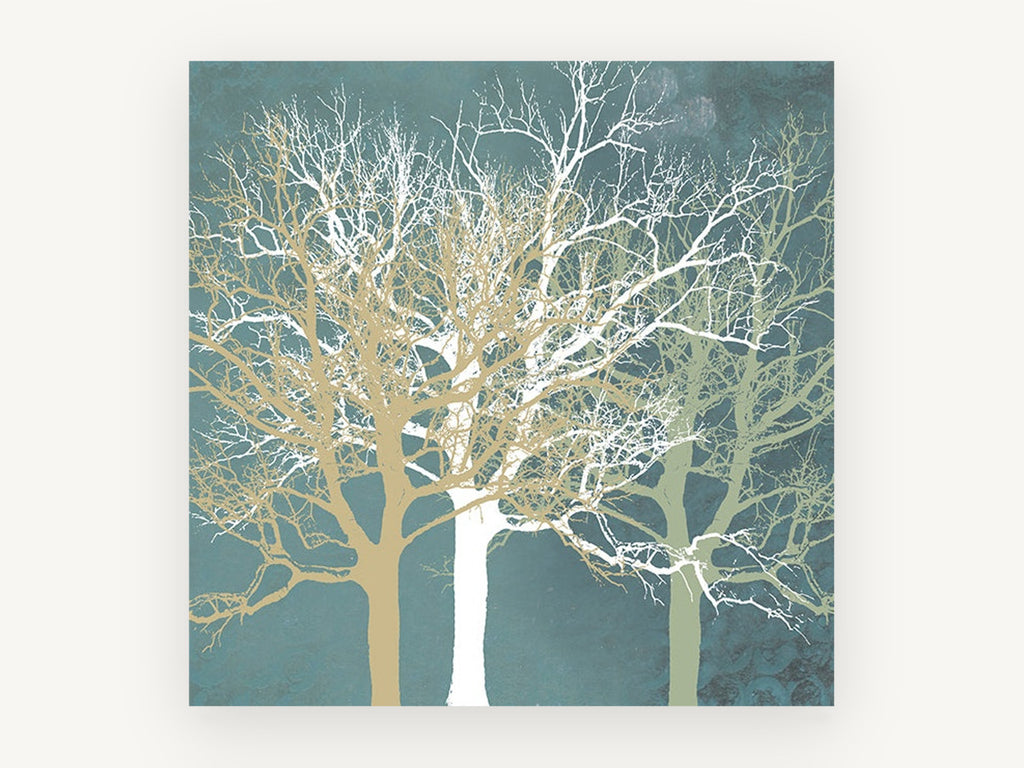 Three Winter Silhouettes, bare tree silhouettes on teal, landscape canvas wall art print, front view
