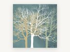 Three Winter Silhouettes, bare tree silhouettes on teal, landscape canvas wall art print, front view