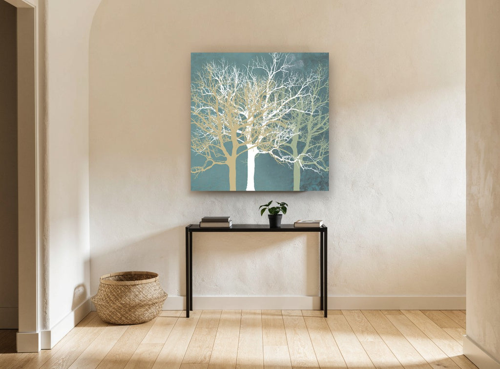 Three Winter Silhouettes landscape canvas print on the wall of a hallway