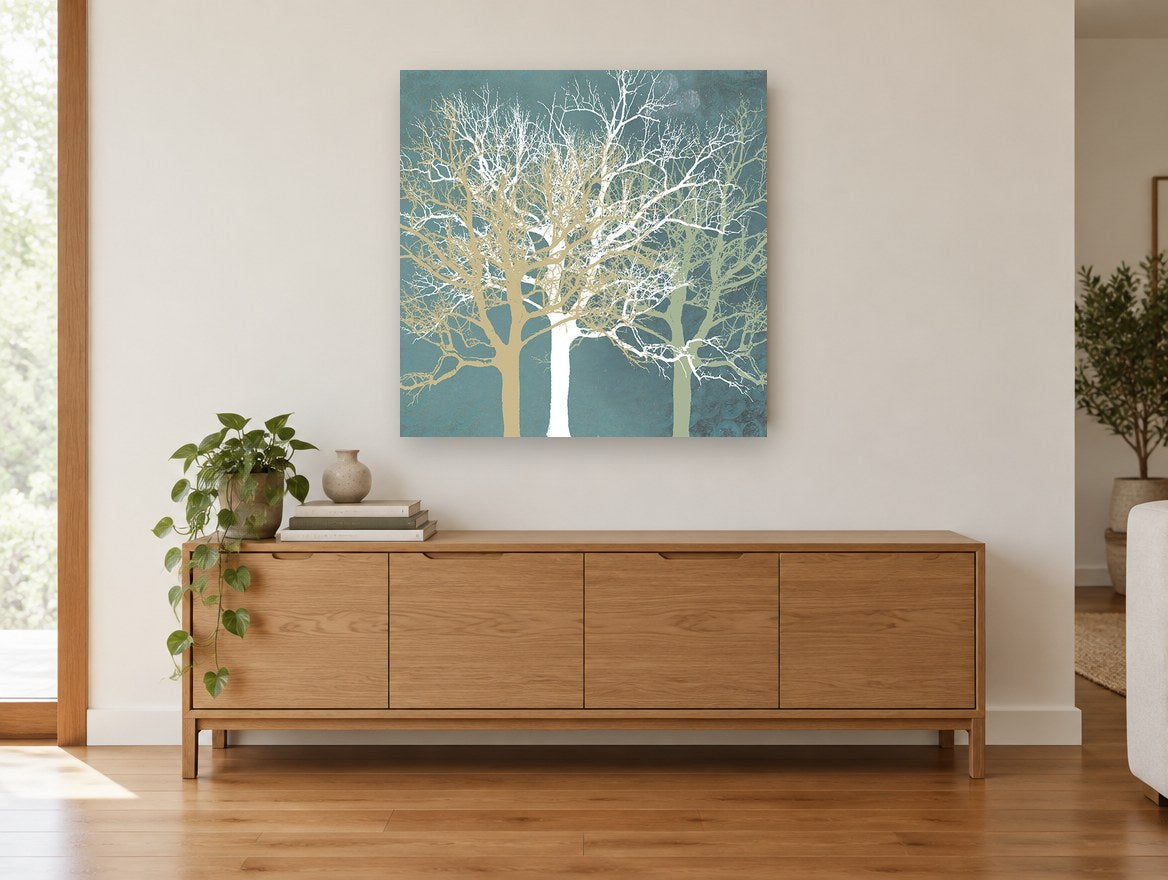 Three Winter Silhouettes landscape canvas print on the wall of a living room above a sideboard
