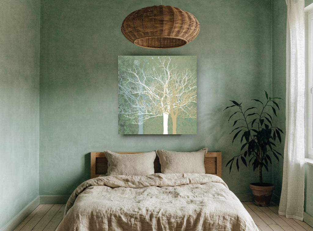 Sage Winter Branches landscape canvas print on the wall of a bedroom