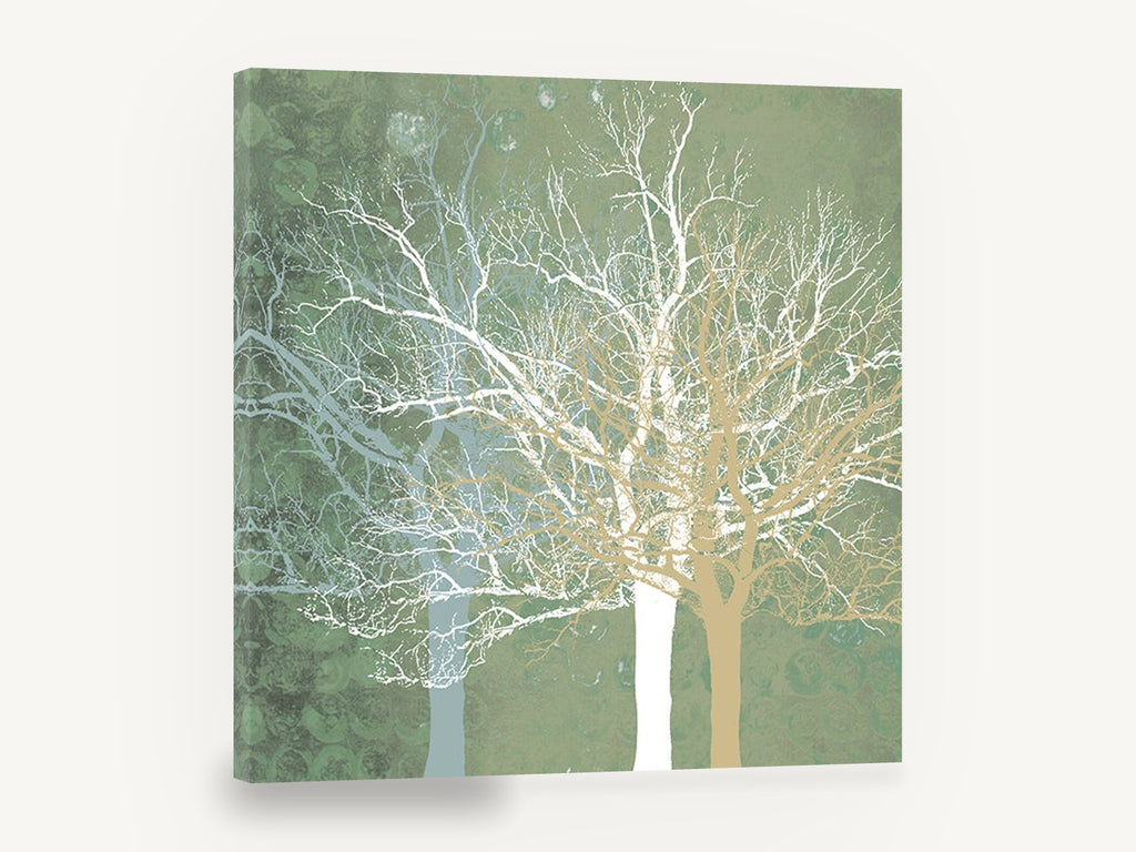 Sage Winter Branches, bare tree silhouettes green abstract, landscape canvas wall art print ready to hang