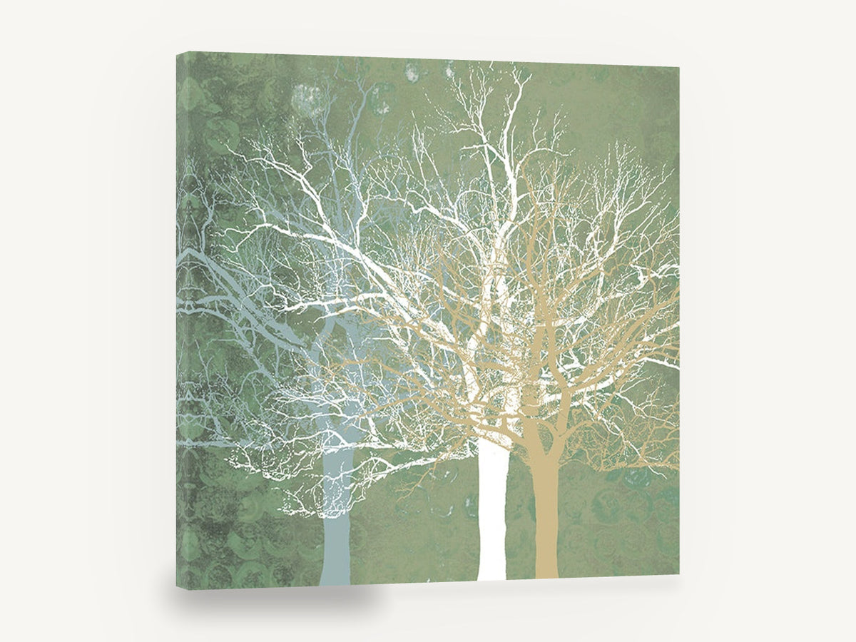 Sage Winter Branches, bare tree silhouettes green abstract, landscape canvas wall art print ready to hang