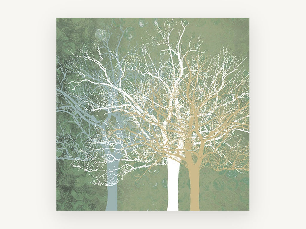 Sage Winter Branches, bare tree silhouettes green abstract, landscape canvas wall art print, front view