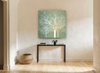 Sage Winter Branches landscape canvas print on the wall of a hallway
