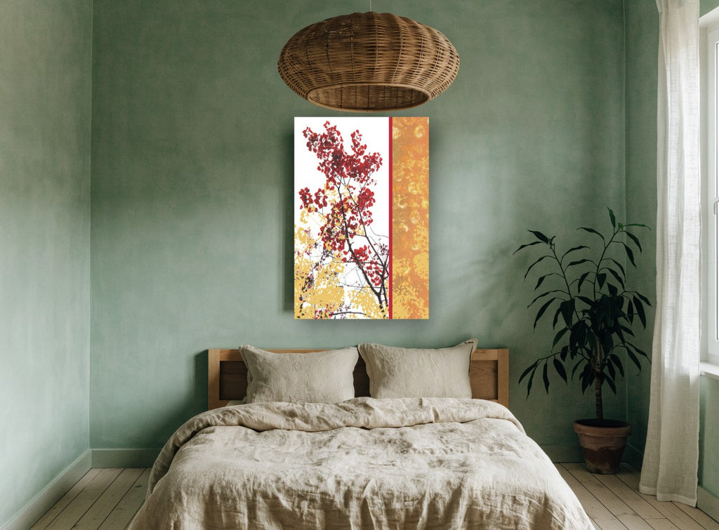 Crimson Branch Panel floral canvas print on the wall of a bedroom