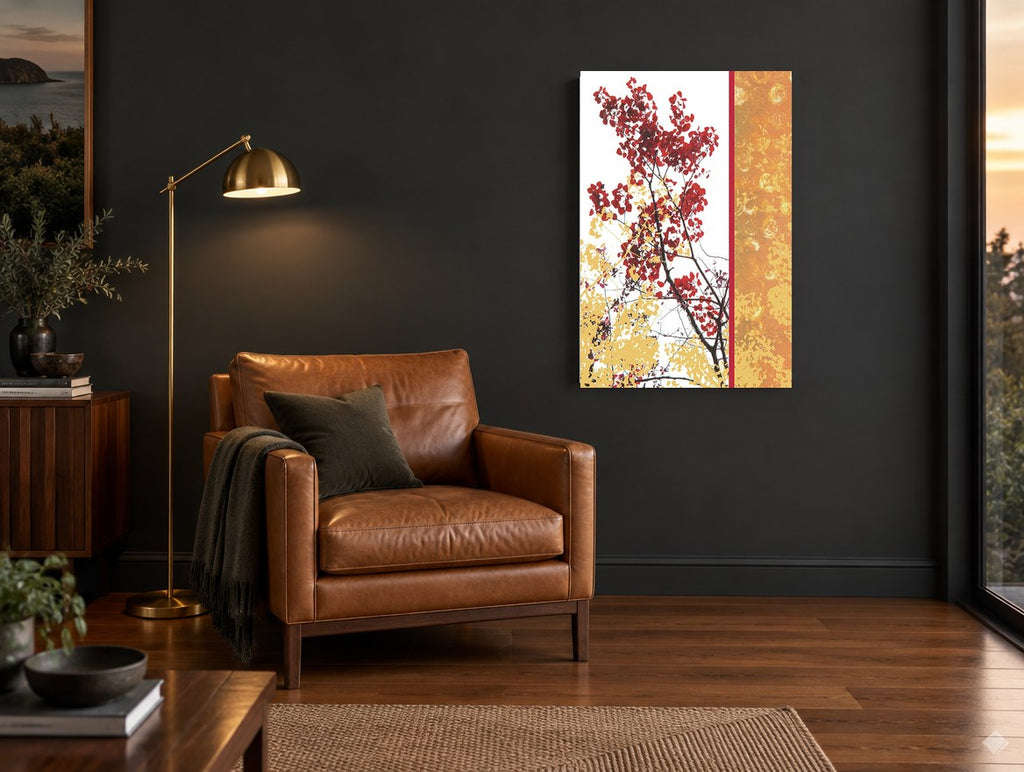 Crimson Branch Panel floral canvas print on the wall of a charcoal living room