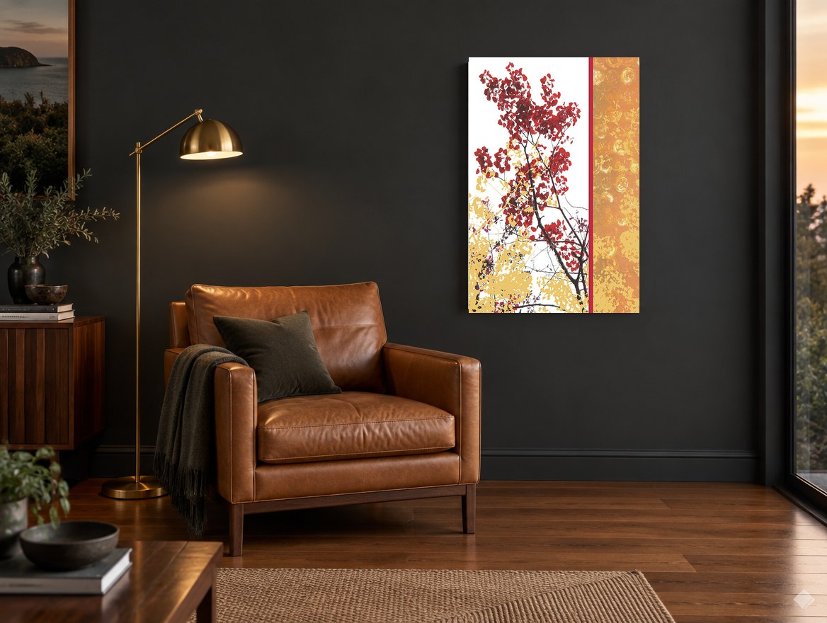 Crimson Branch Panel floral canvas print on the wall of a charcoal living room