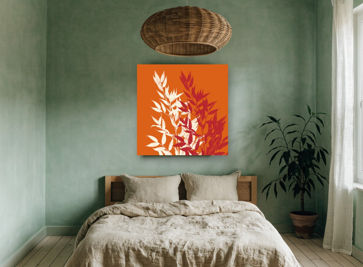 Cream and Crimson Sprigs floral canvas print on the wall of a bedroom