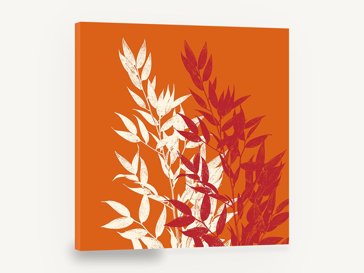 Cream and Crimson Sprigs, orange red leaf silhouette botanical, floral canvas wall art print ready to hang
