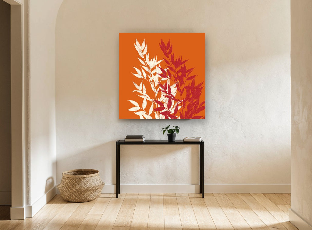 Cream and Crimson Sprigs floral canvas print on the wall of a hallway