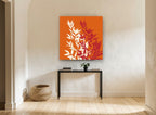 Cream and Crimson Sprigs floral canvas print on the wall of a hallway